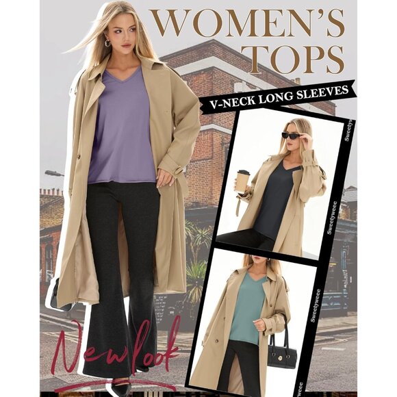 3 Pack Women's Long Sleeve Shirts Cotton V Neck Casual Tops Roll Hem Lightweight - Picture 2 of 5